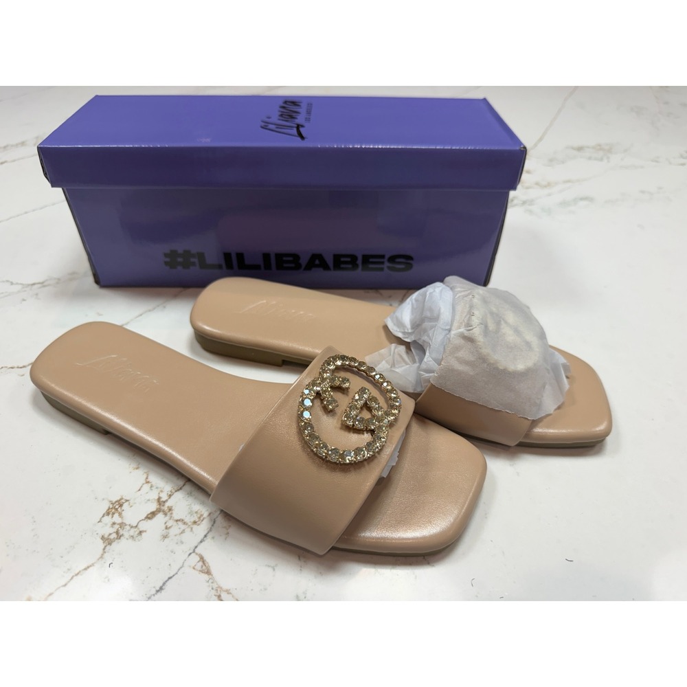Liliana Hayden-5 Nude Rhinestone Emblem Square Toe Slide Sandals Womens 8 NEW - Picture 2 of 5